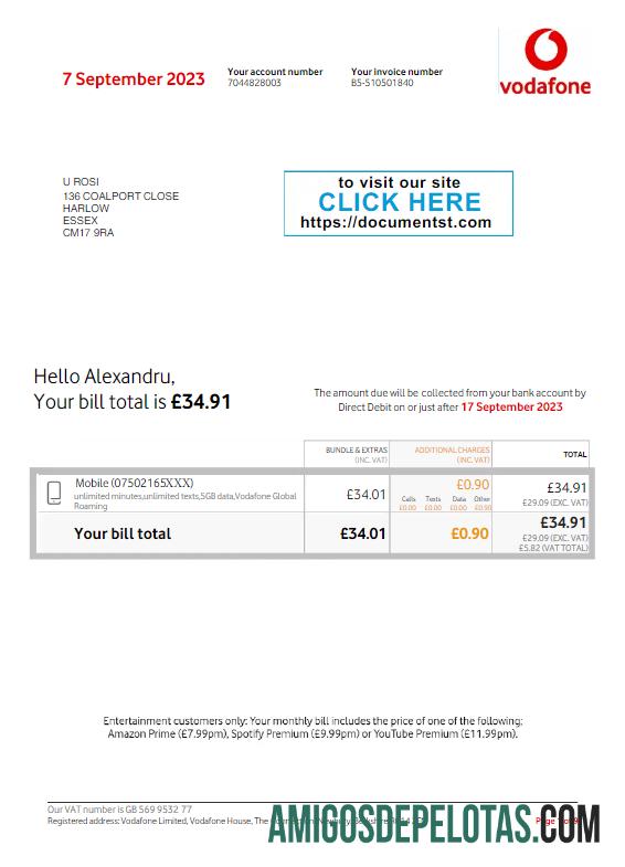 realista REINO UNIDO VODAFONE Conta de serviços públicos modelo Word e PDF